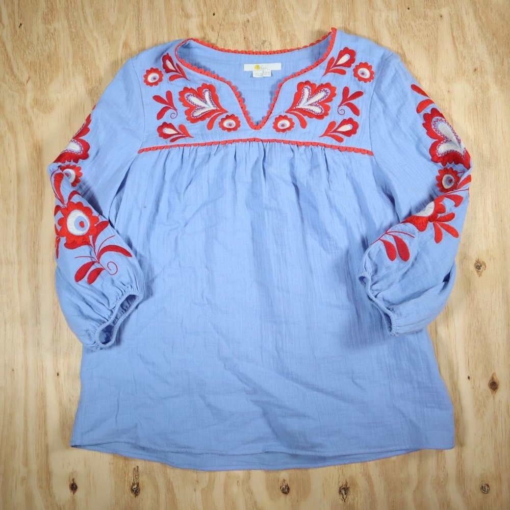 Boden Blue Red Embroidered Floral Bishop Sleeve Peasant Top Blouse Women's 8